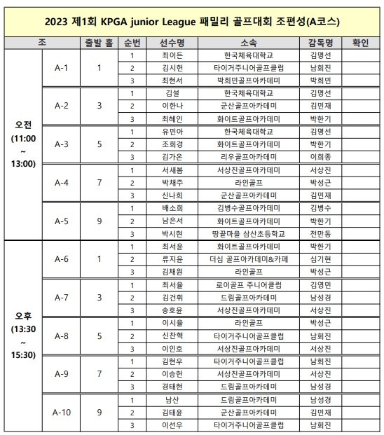 2023 제1회 KPGA 주니어리그 패밀리 골프대회 조편성(A코스).jpg